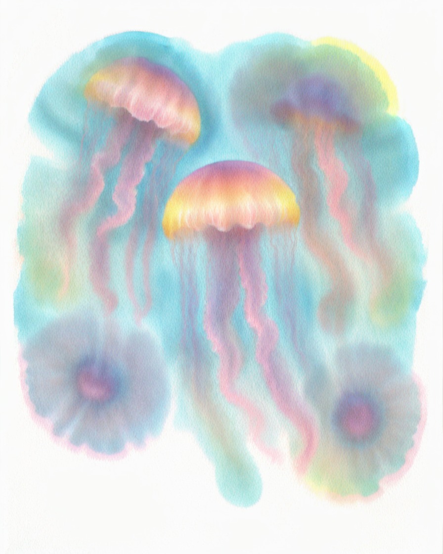 AI-generated watercolor jellyfish in pastel blues and pinks