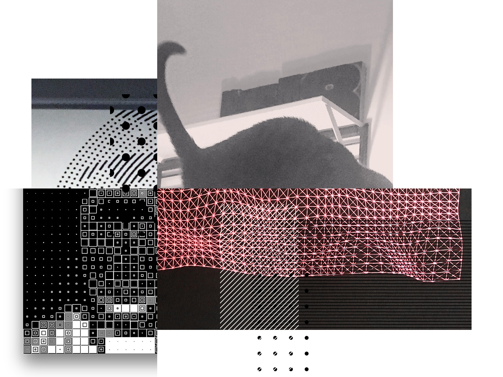 Collage of generative art, geometric patterns, and wireframe graphics