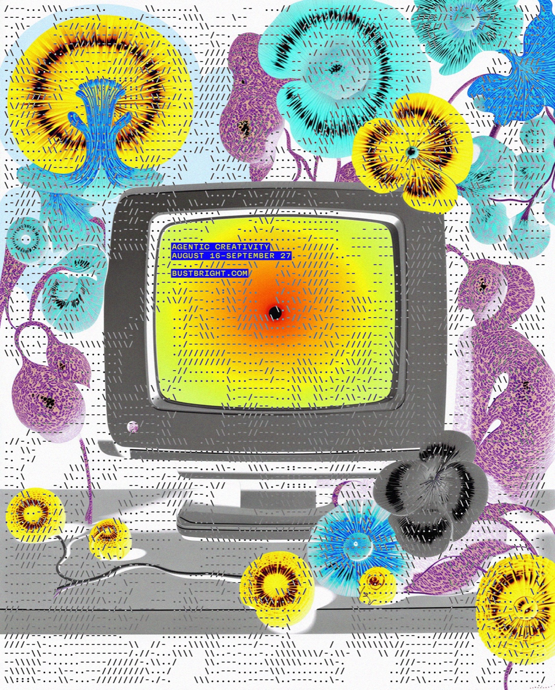 Agentic Creativity class poster: a vintage CRT monitor with a chartreuse screen reading AGENTIC CREATIVITY, surrounded by AI-generated floral collage forms on a hatched white ground