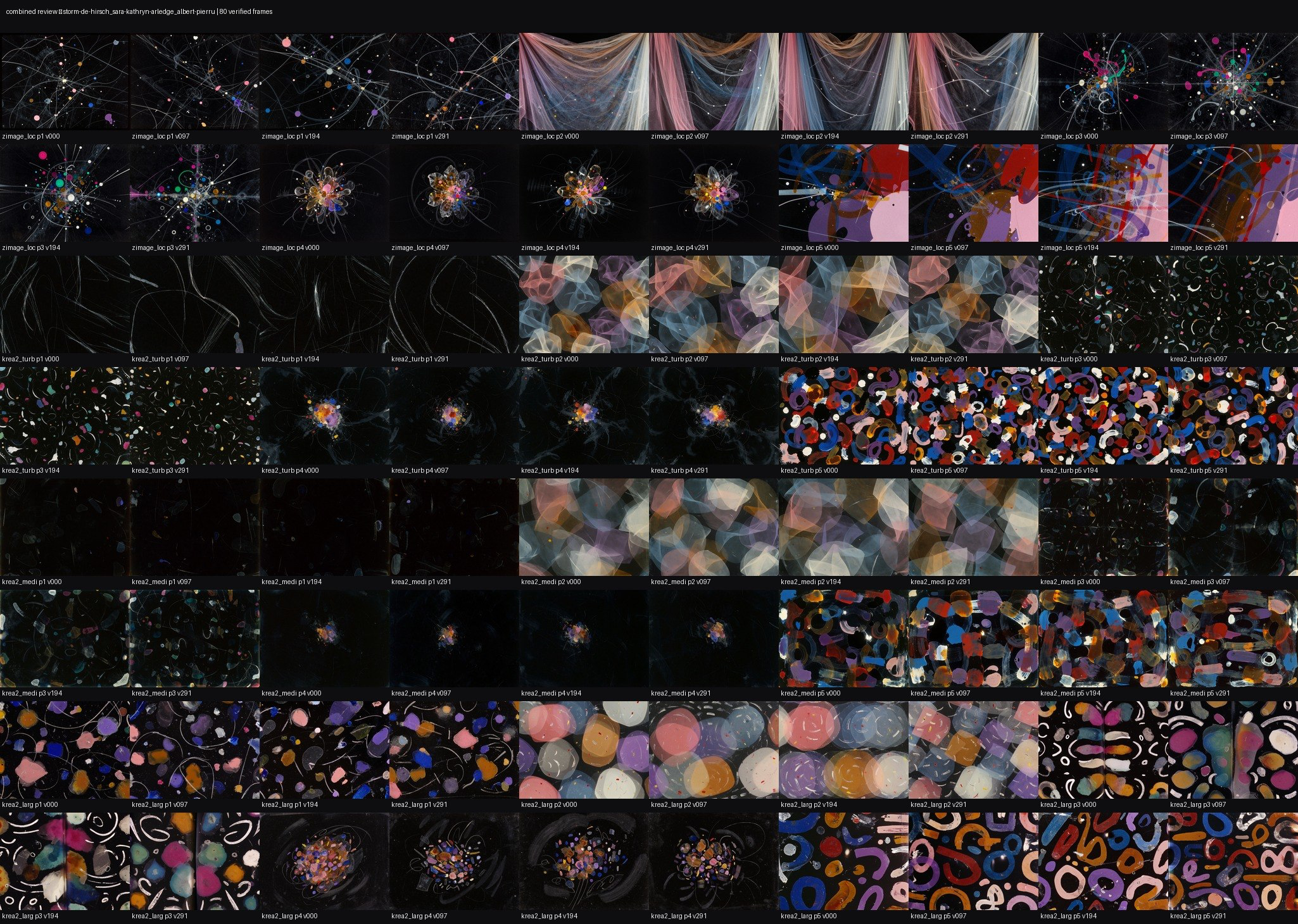 Contact sheet of abstract animation frames made during an agent-led visual review