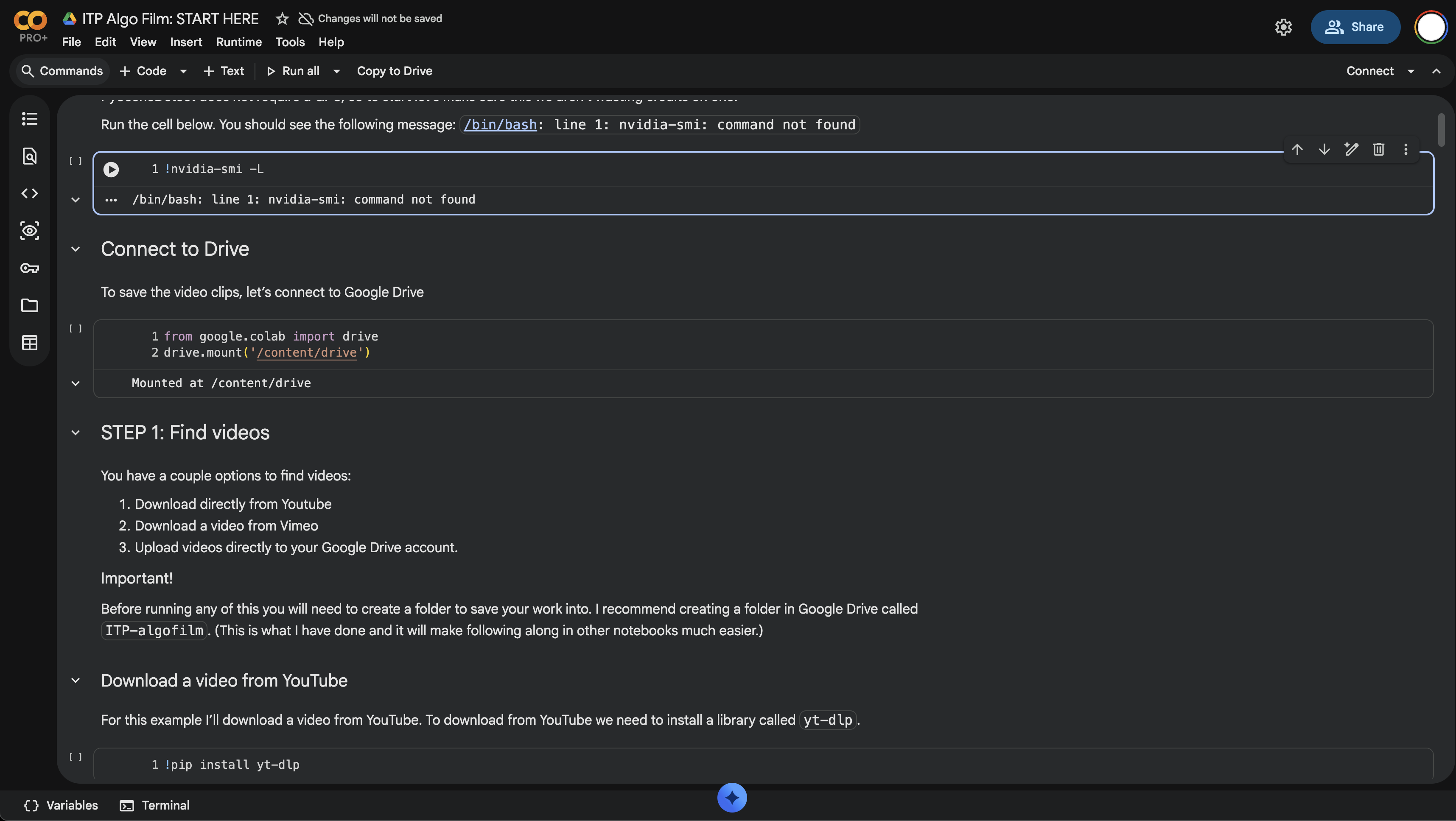 Google Colab notebook interface showing ITP Algo Film tutorial