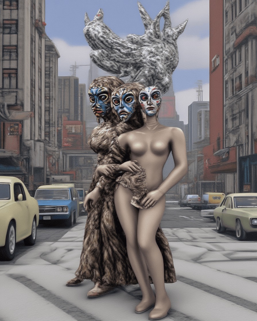 Two masked figures on a city street beneath a stone bird sculpture, generated on TITLES