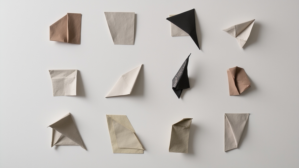 Reference board of folded paper and fabric studies arranged on a wall
