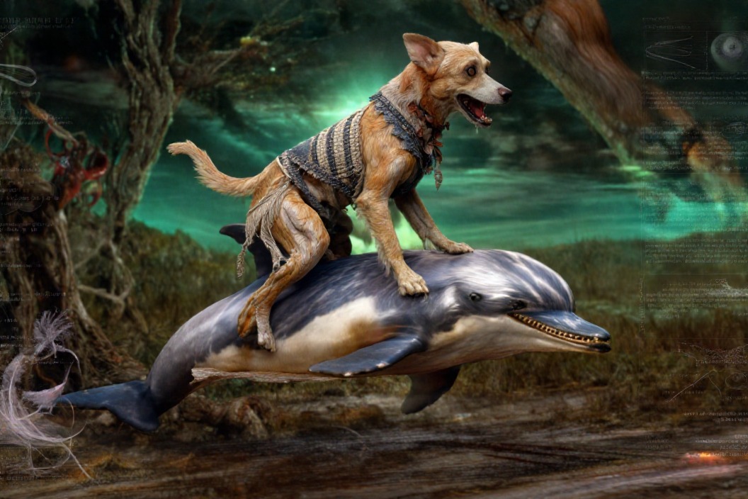 A dog riding a dolphin in a colorful digital landscape, made with a Geoffrey Lillemon artist model