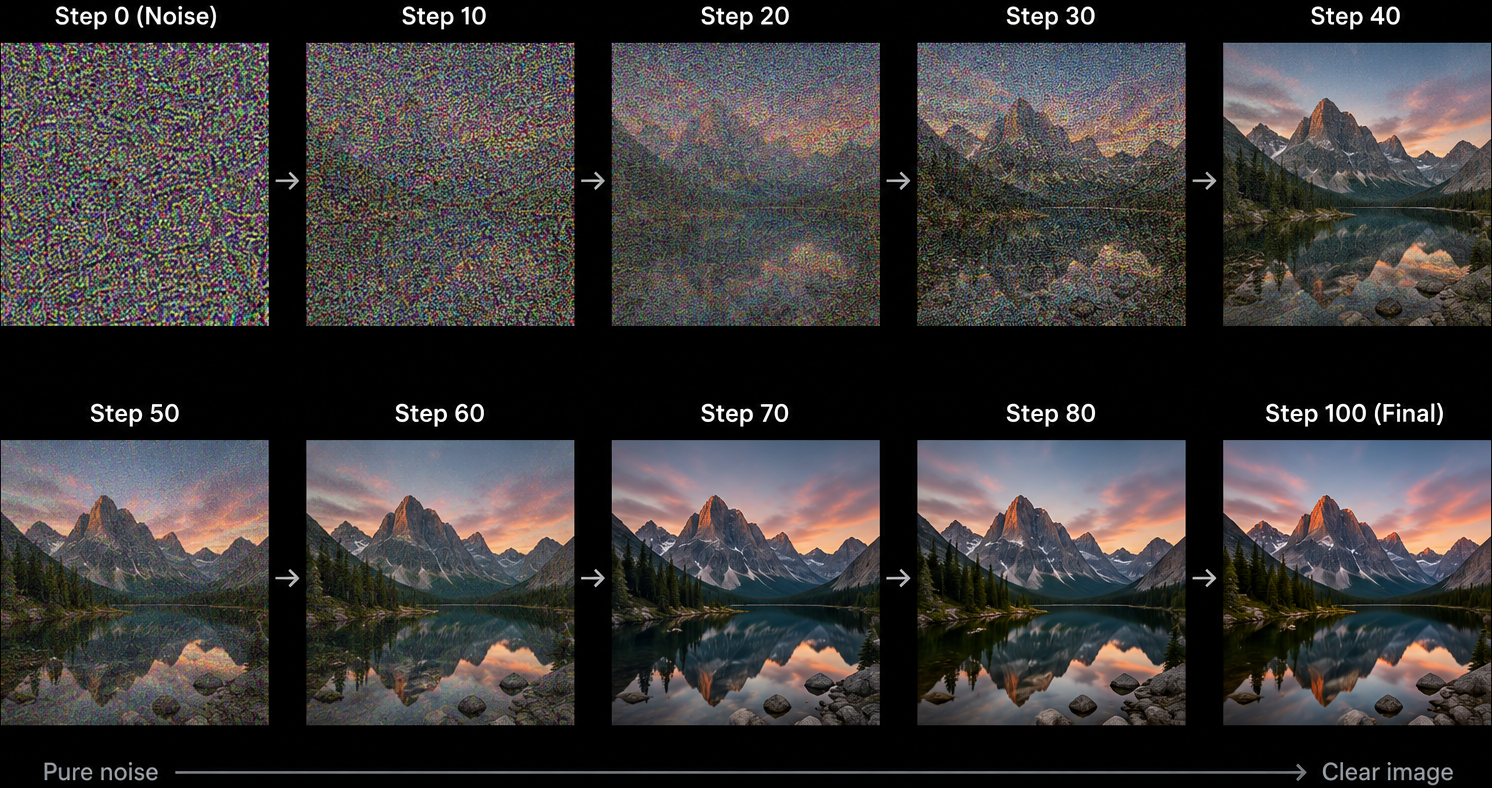 Diffusion denoising sequence — pure noise refining step by step into a clear image