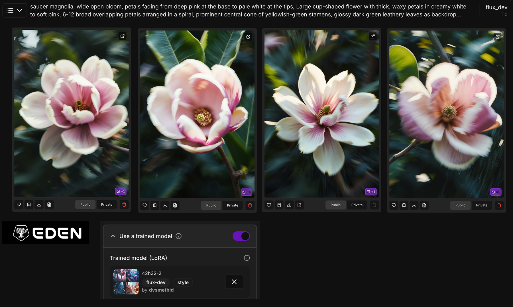 Eden AI image generation interface showing magnolia flower images generated with a trained LoRA model