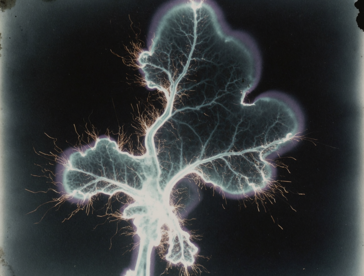 Kirlian-style electric glow around a leaf