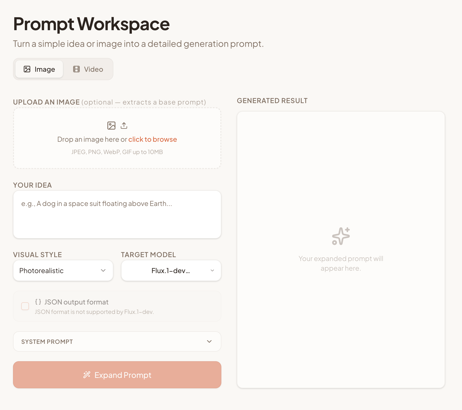 Prompt Workspace — turn a simple idea or image into a detailed generation prompt