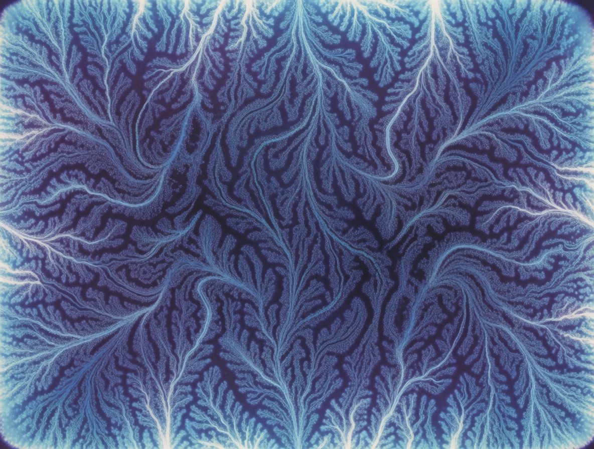 Microscopic bloom of glowing orange and blue filaments