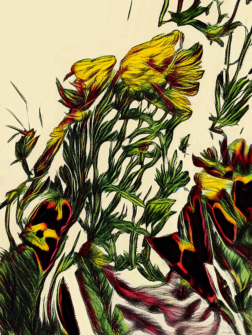 person's face replaced with red, green, and yellow floral pattern