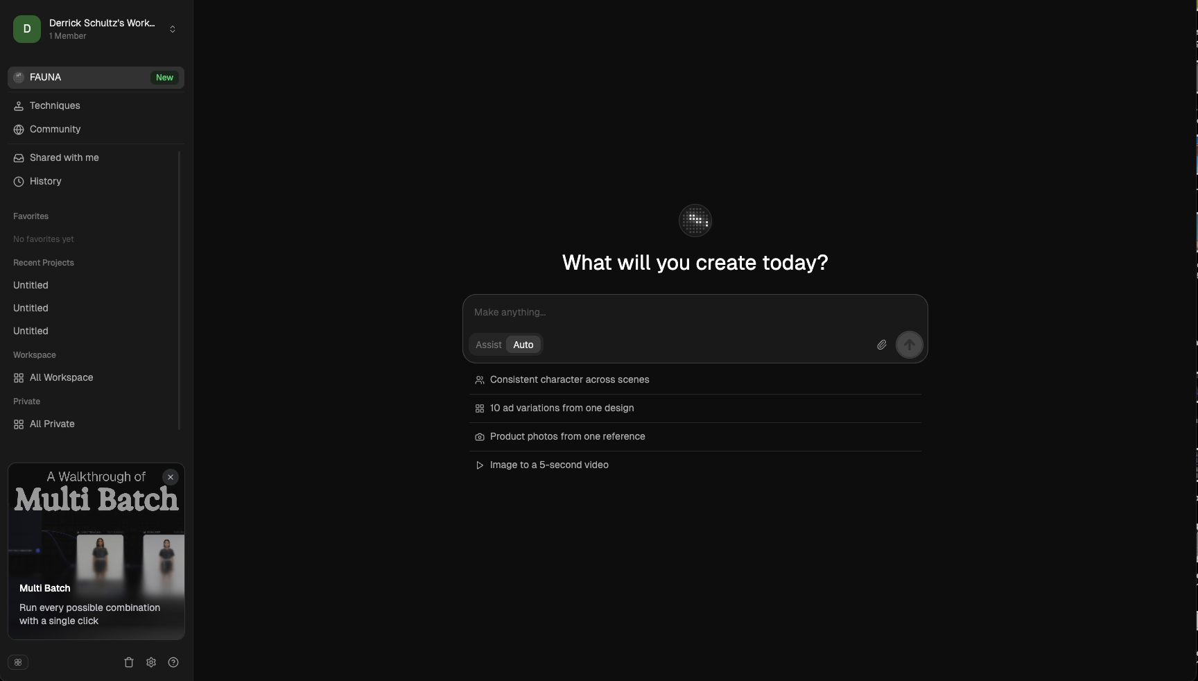 Flora's Fauna interface showing a Make anything prompt with suggested actions