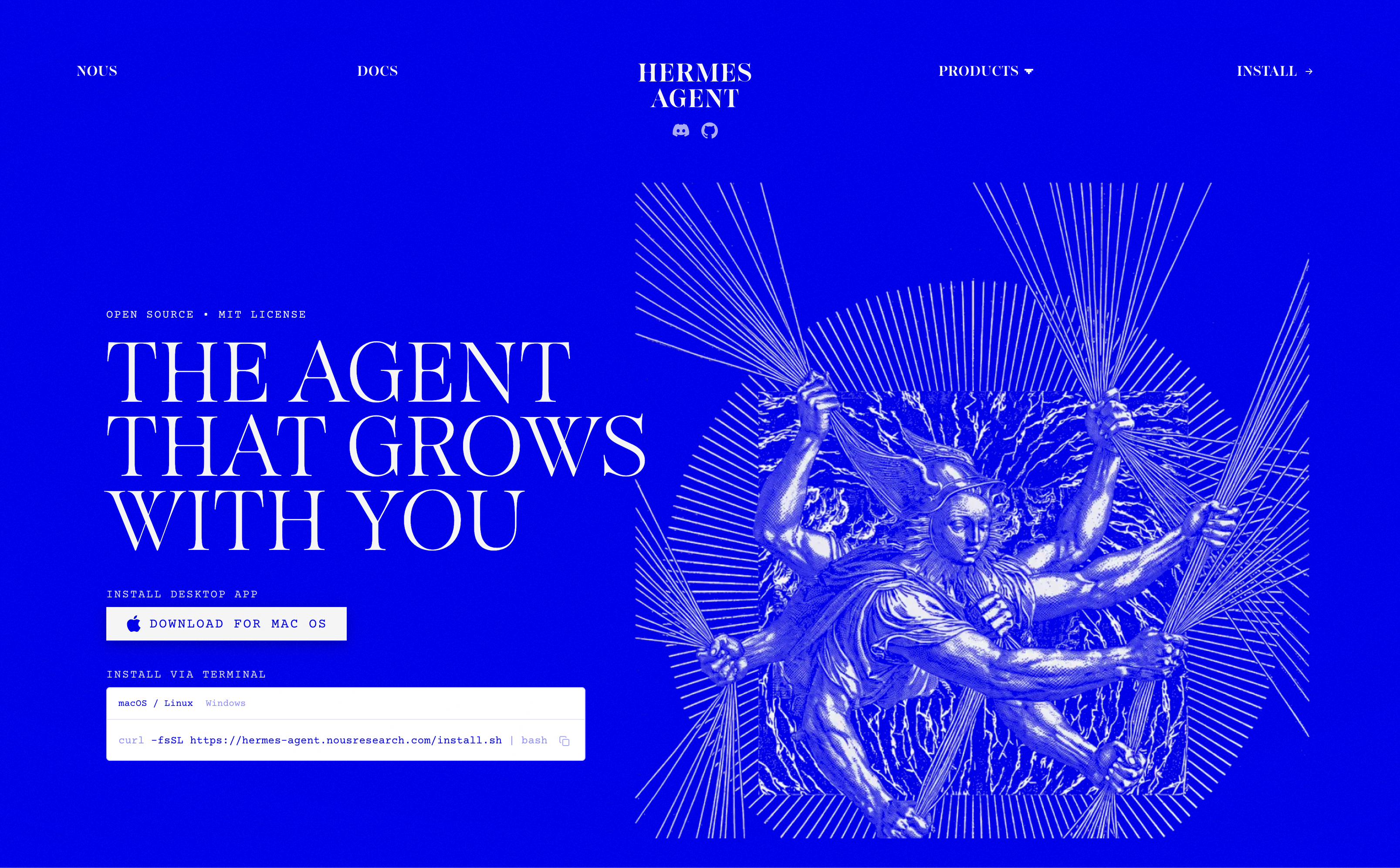 Hermes Agent website with the Mac download button and terminal installation command