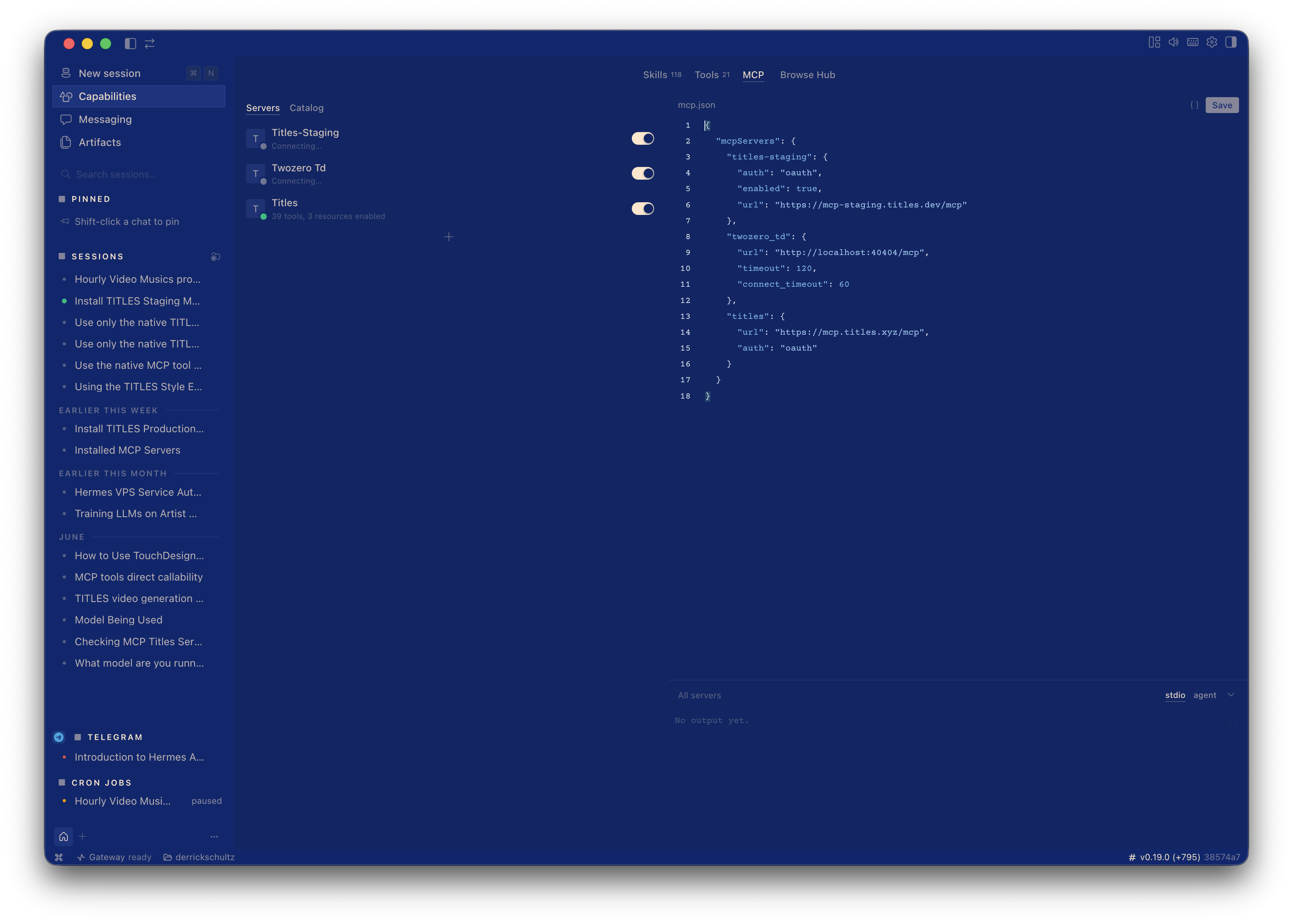 Hermes MCP settings with the TITLES production server enabled and its server URL shown