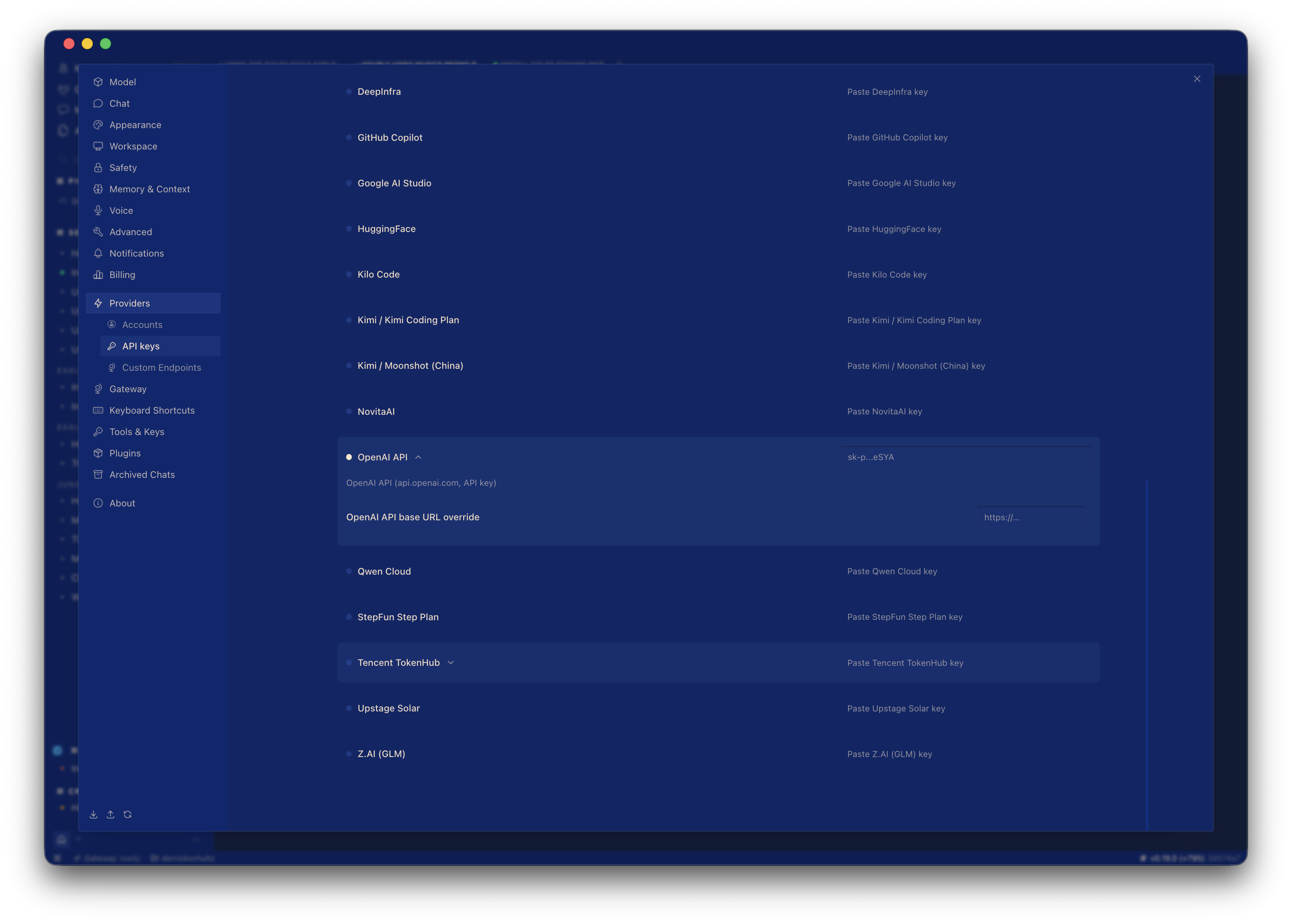 Hermes Providers settings with API keys selected and the OpenAI API field expanded