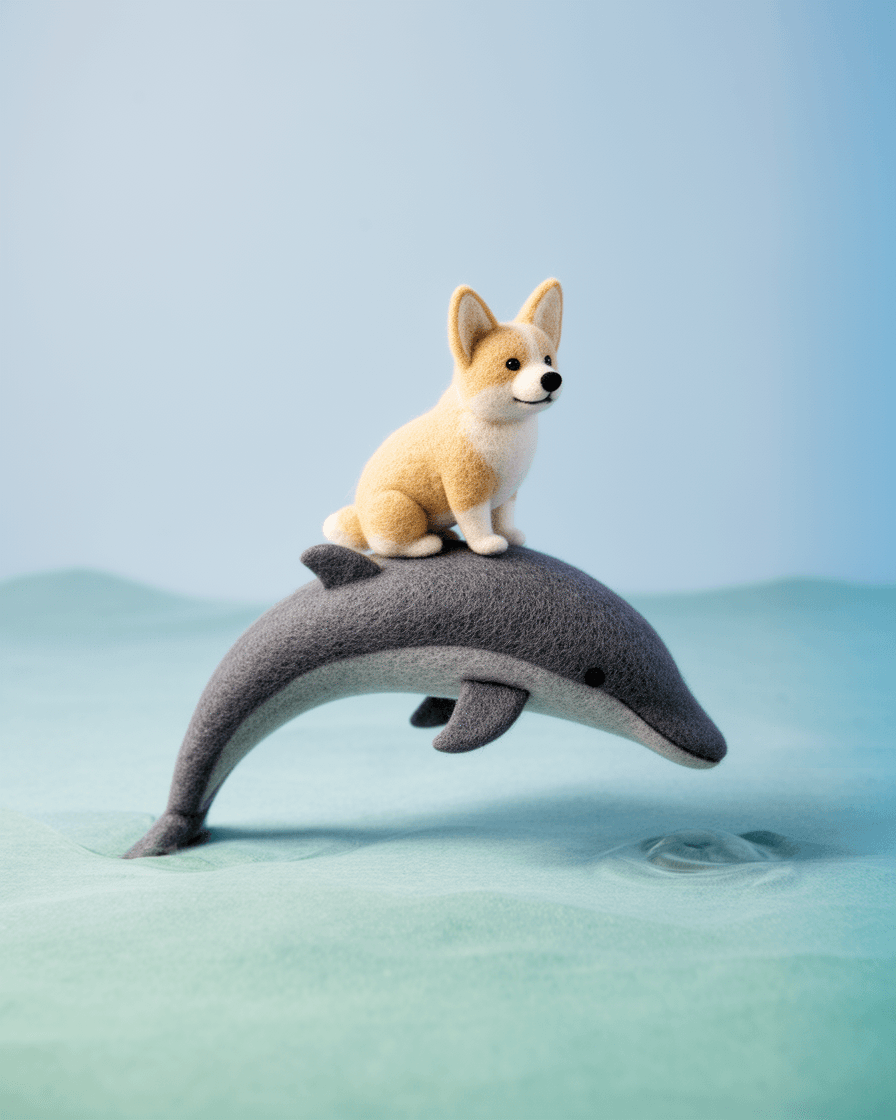 Input image — felted corgi riding a dolphin