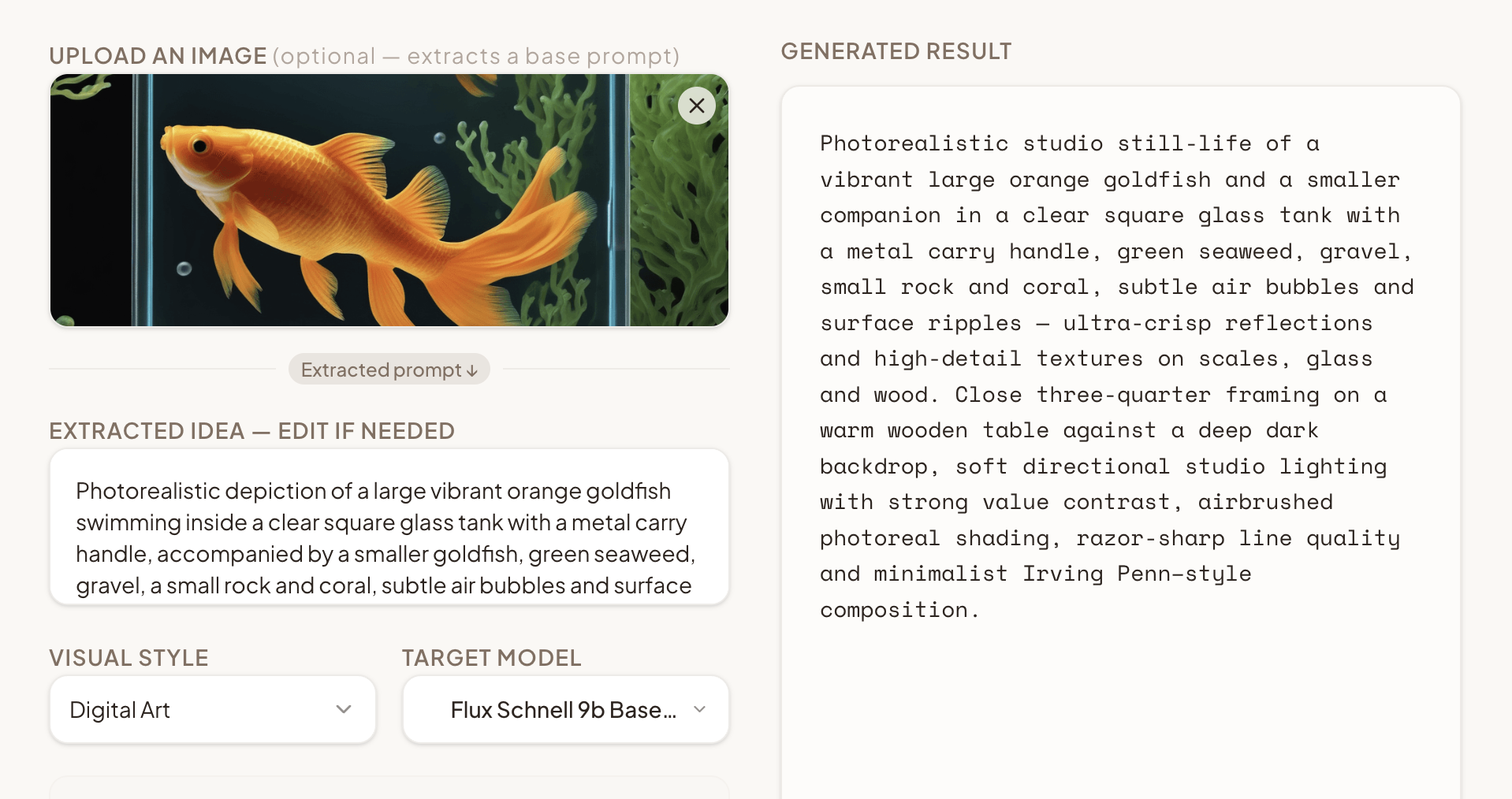 Image-to-prompt tool — upload an image, get an extracted prompt, regenerate