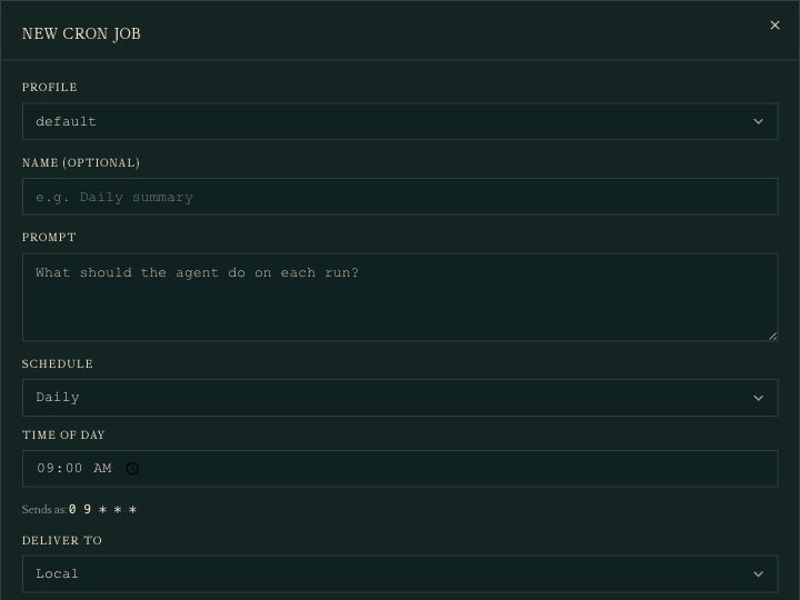 New Cron Job form showing profile, name, prompt, Daily schedule, 09:00 time, and Local delivery