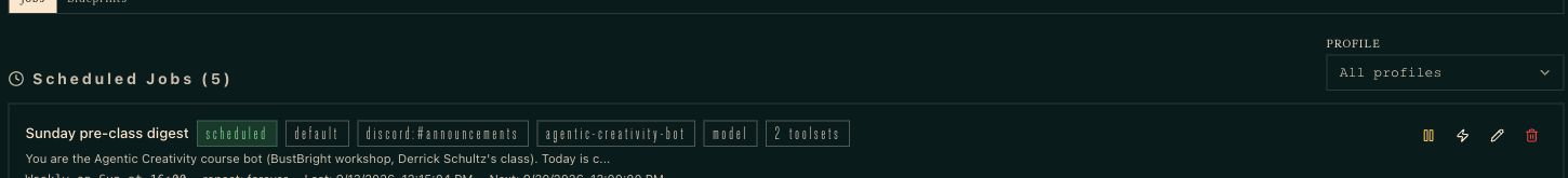 Cron job list showing profile filter, an existing job, repeat forever, last and next run times, pause, trigger, edit, and delete controls