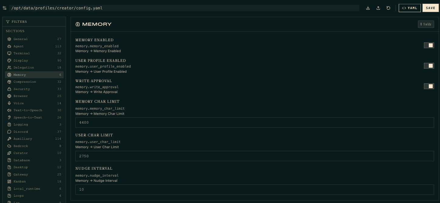 Hermes Cloud Agent Config screen with Memory selected, memory switches, write approval, and character limits