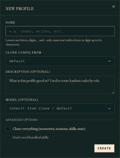 Nous Cloud Agent New Profile form with name, configuration source, optional description and model, and Create button