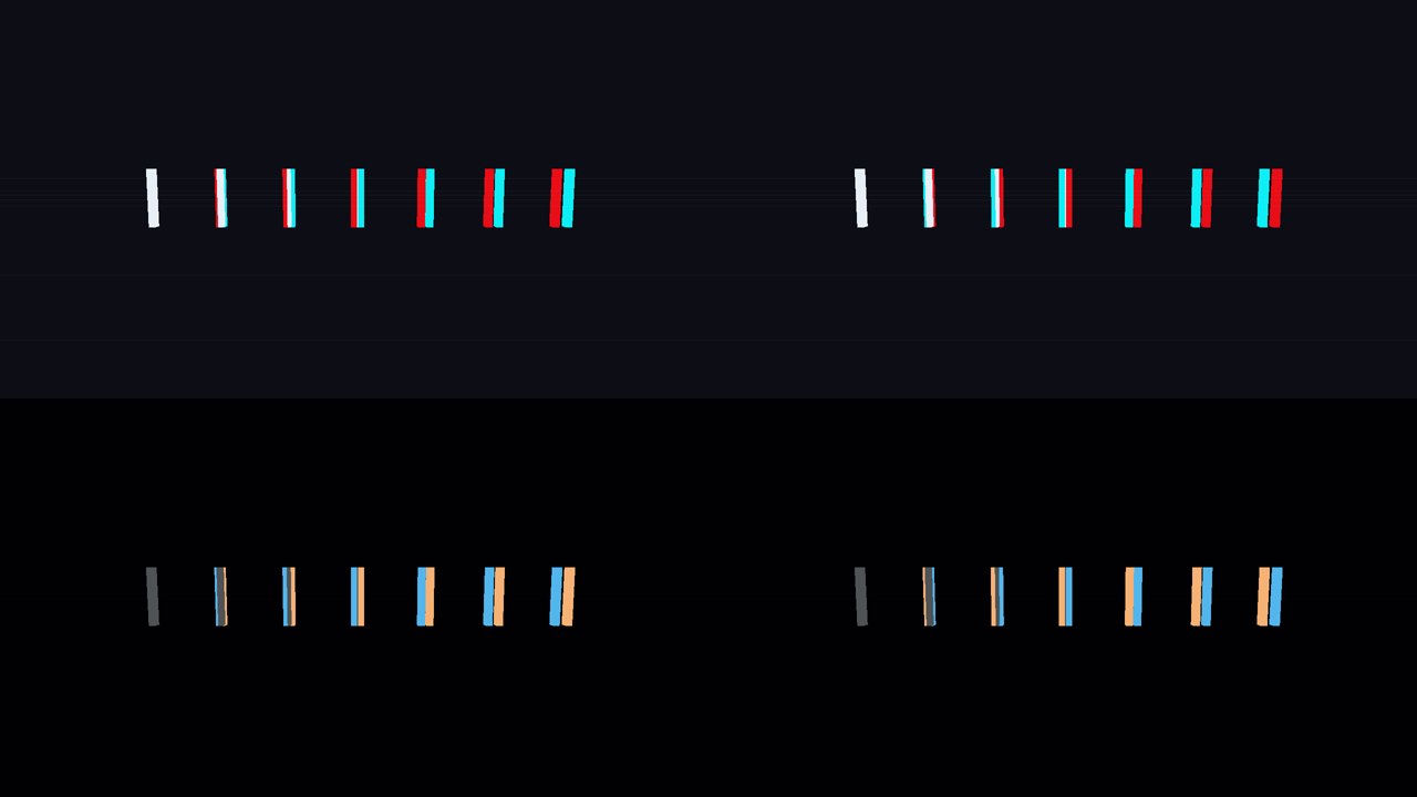 Four-panel contact sheet of repeated vertical bars with red, cyan, and amber offsets against dark backgrounds