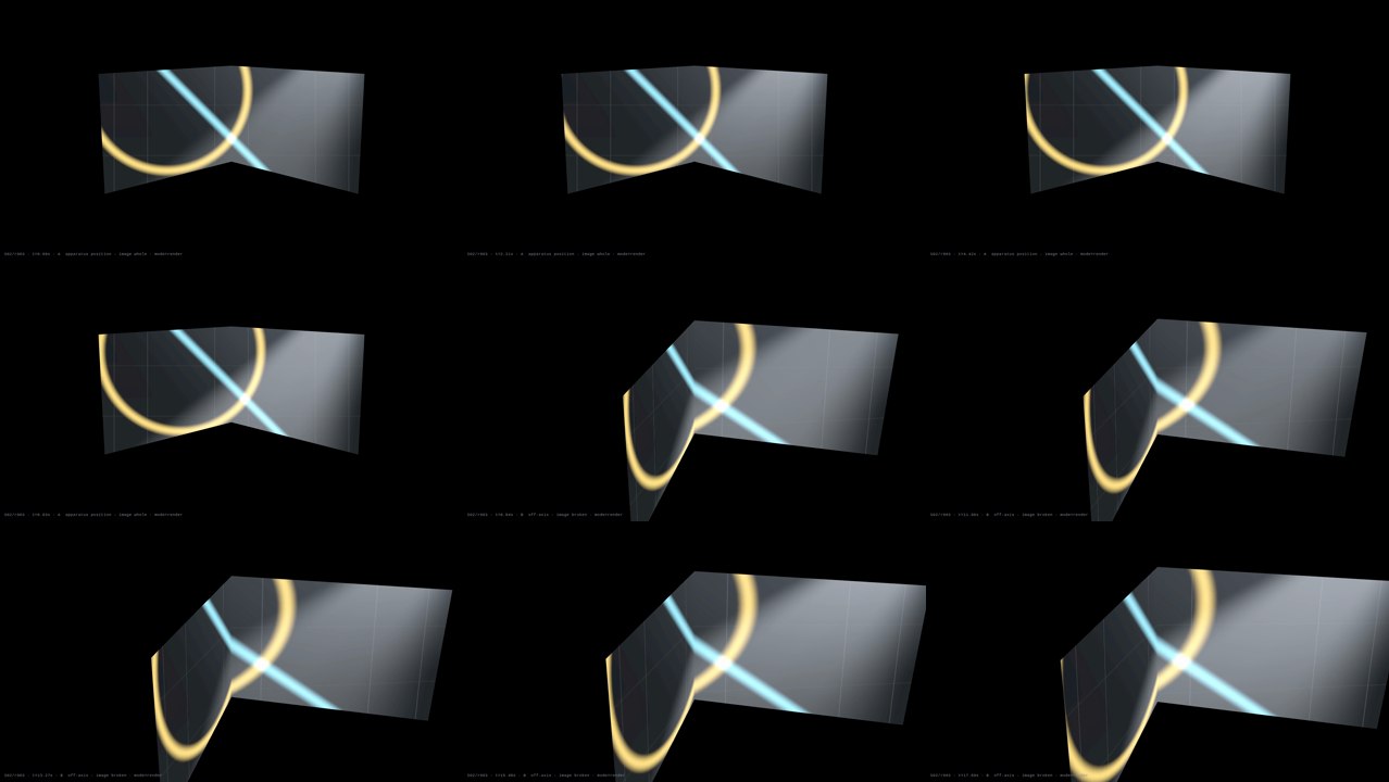 Nine-panel contact sheet showing amber arcs and cyan lines projected across angled gray planes
