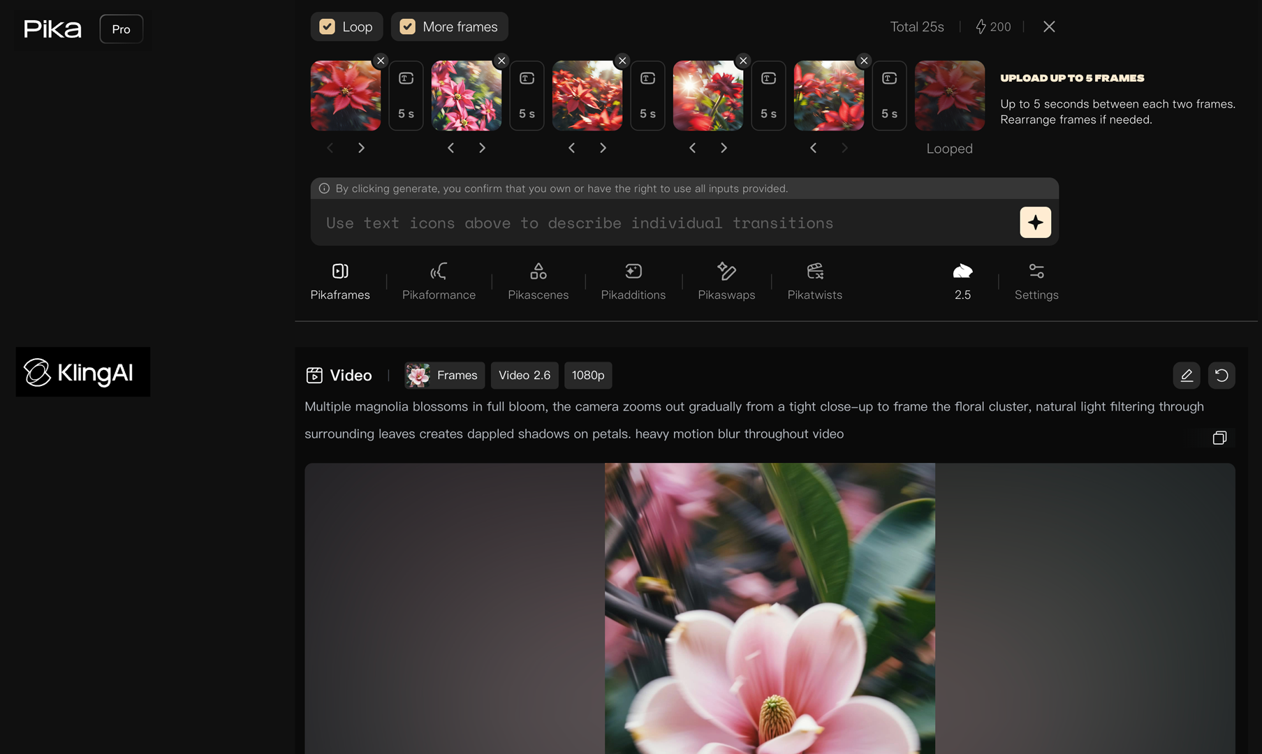 Pika and KlingAI video generation interfaces showing magnolia flower video generation workflow