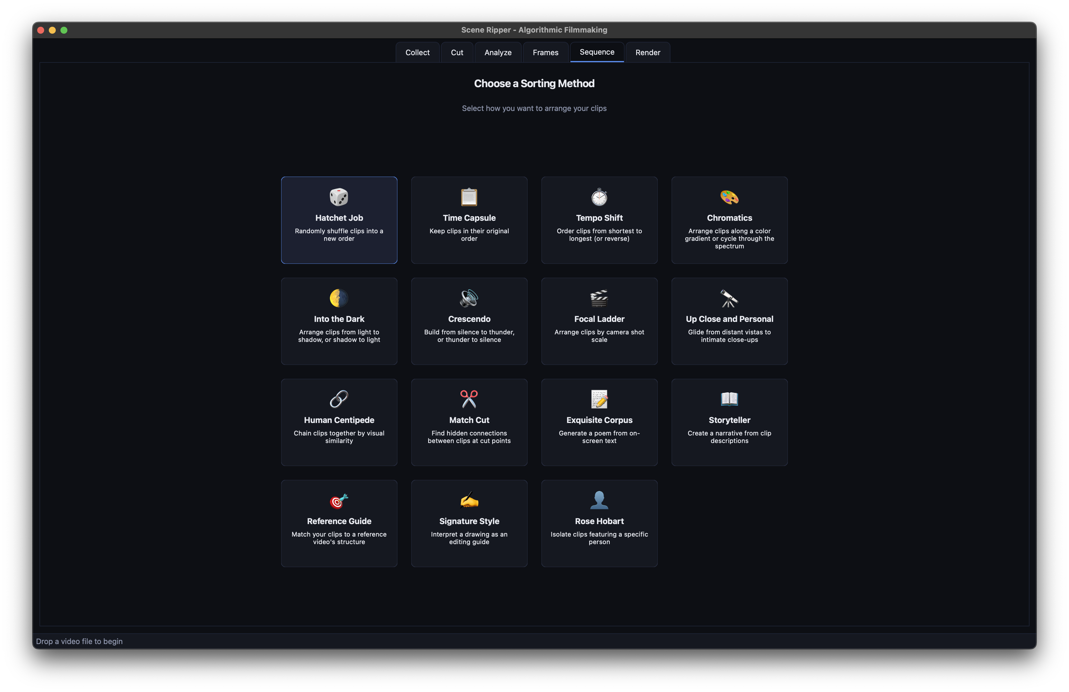 Scene Ripper application interface showing algorithmic filmmaking tools