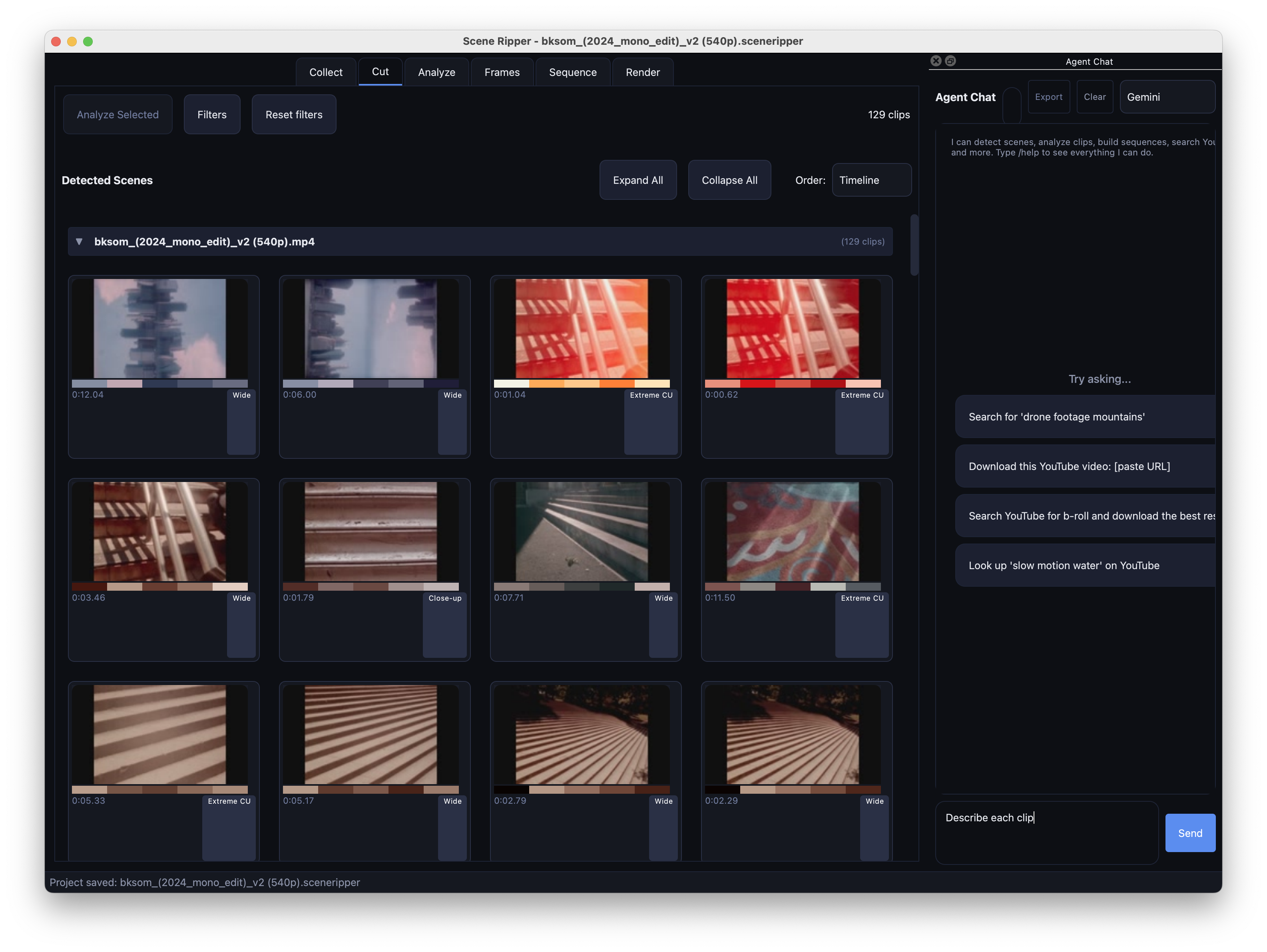Scene Ripper app showing detected scenes and an agent chat panel