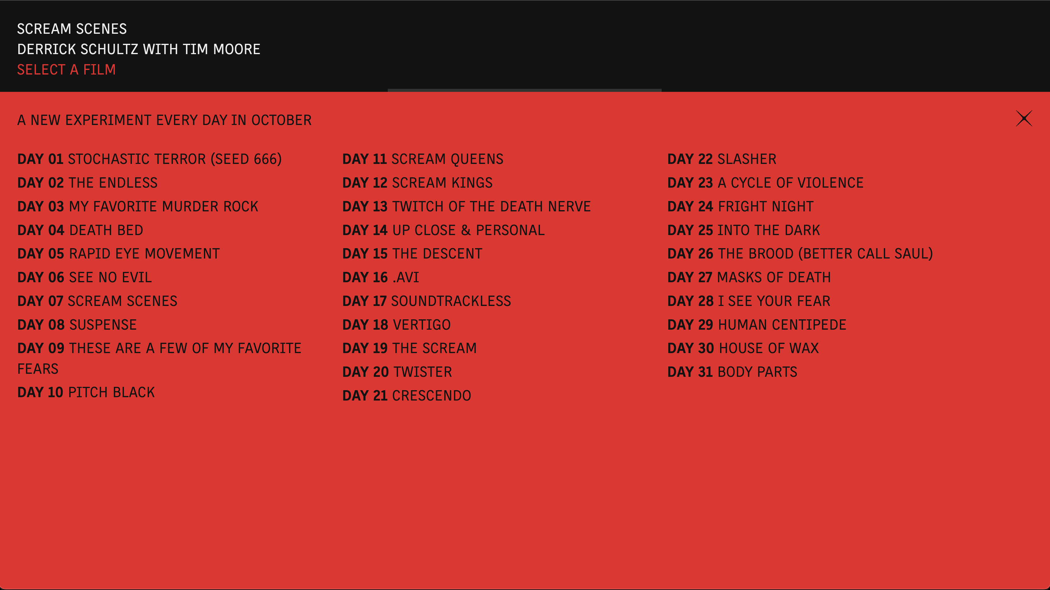 Scream Scenes — 31 experimental horror films listed by day, a new experiment every day in October