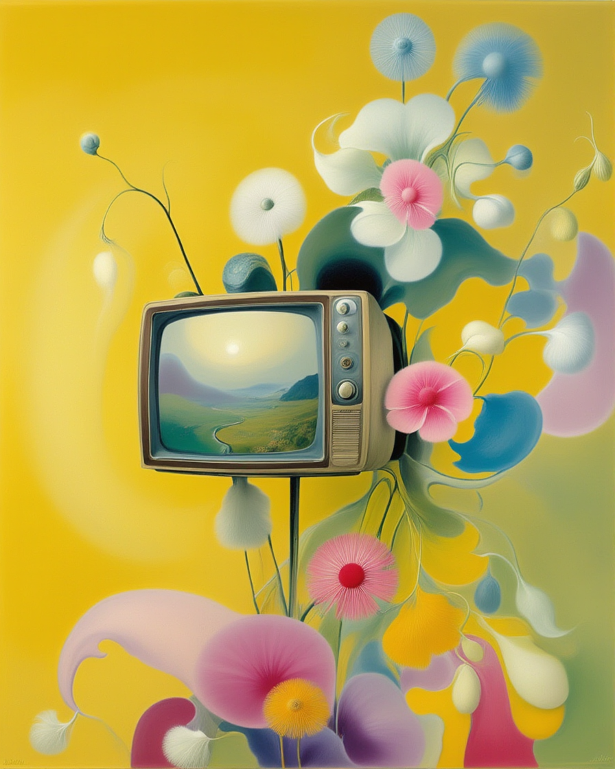Surreal AI-generated painting of vintage television surrounded by dreamlike flowers