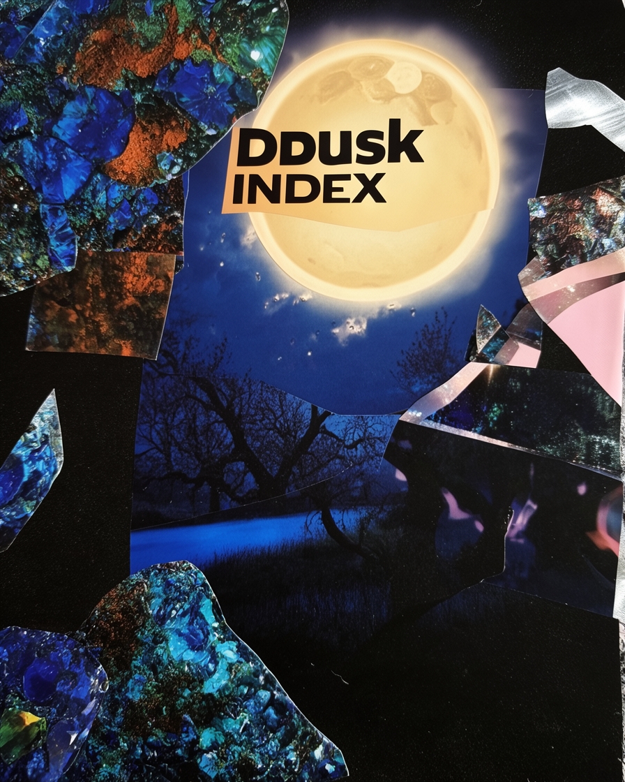 Dusk Index experimental film poster with a luminous moon and collage fragments