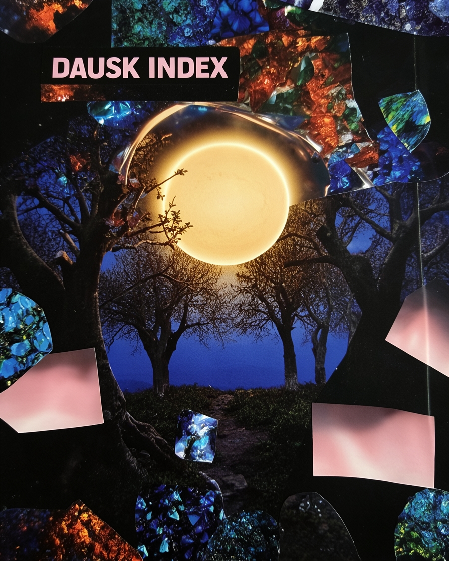 Dusk Index experimental film poster with a glowing moon among trees and collage fragments
