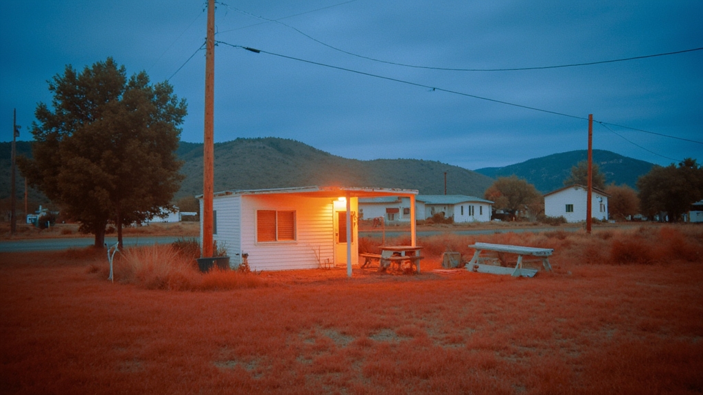 Remote building at blue hour with a red light glowing inside