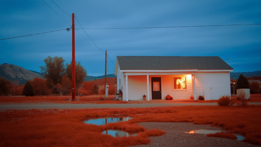Second view of a remote building at blue hour with a red window light