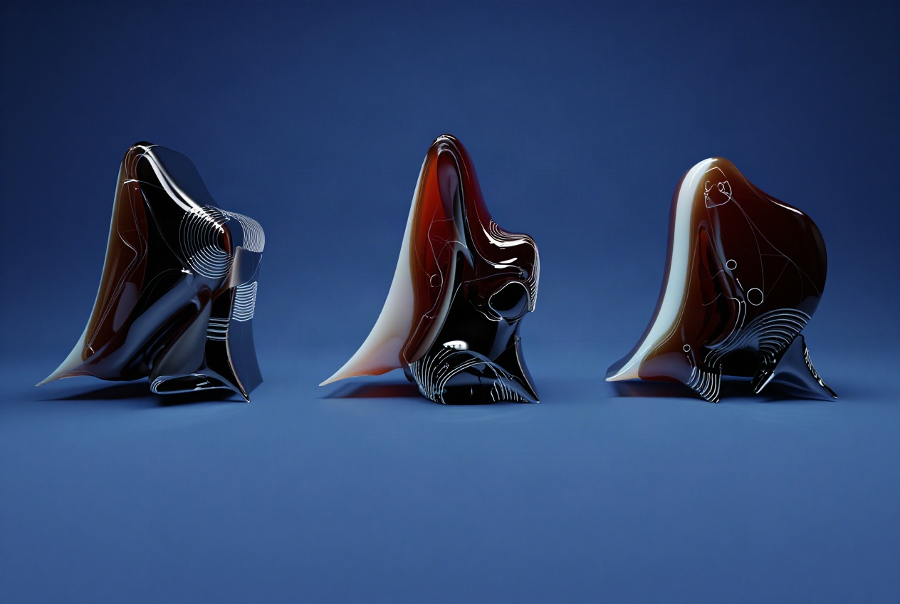 The sculptures rebuilt as glossy translucent forms with red interiors
