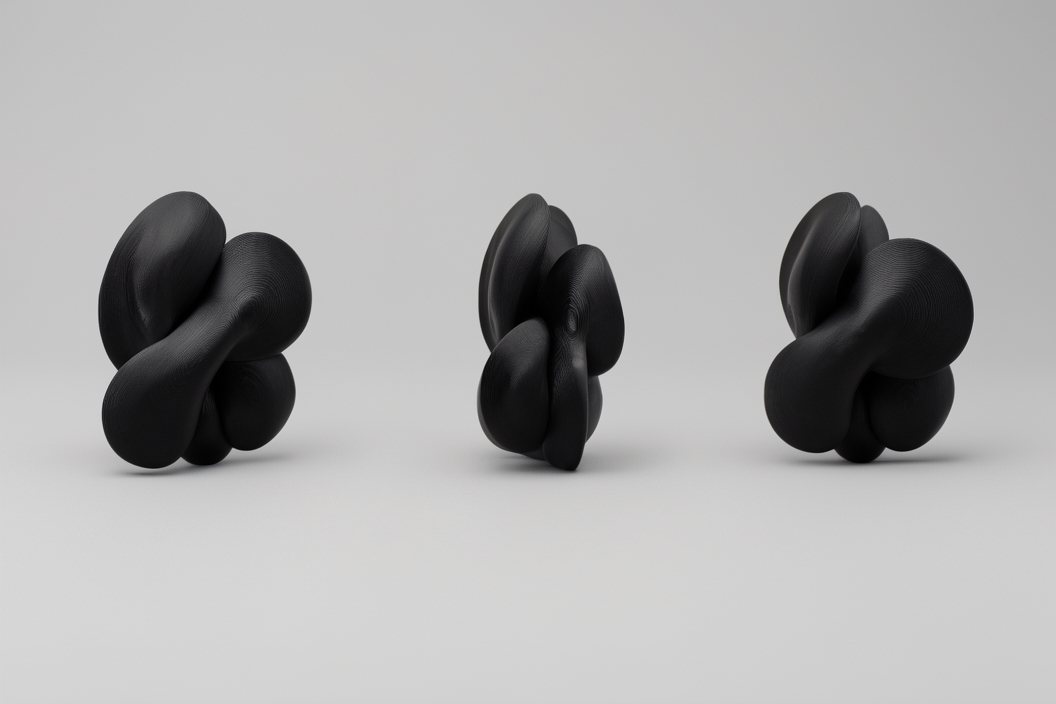 Three black biomorphic sculptures photographed on a neutral studio background