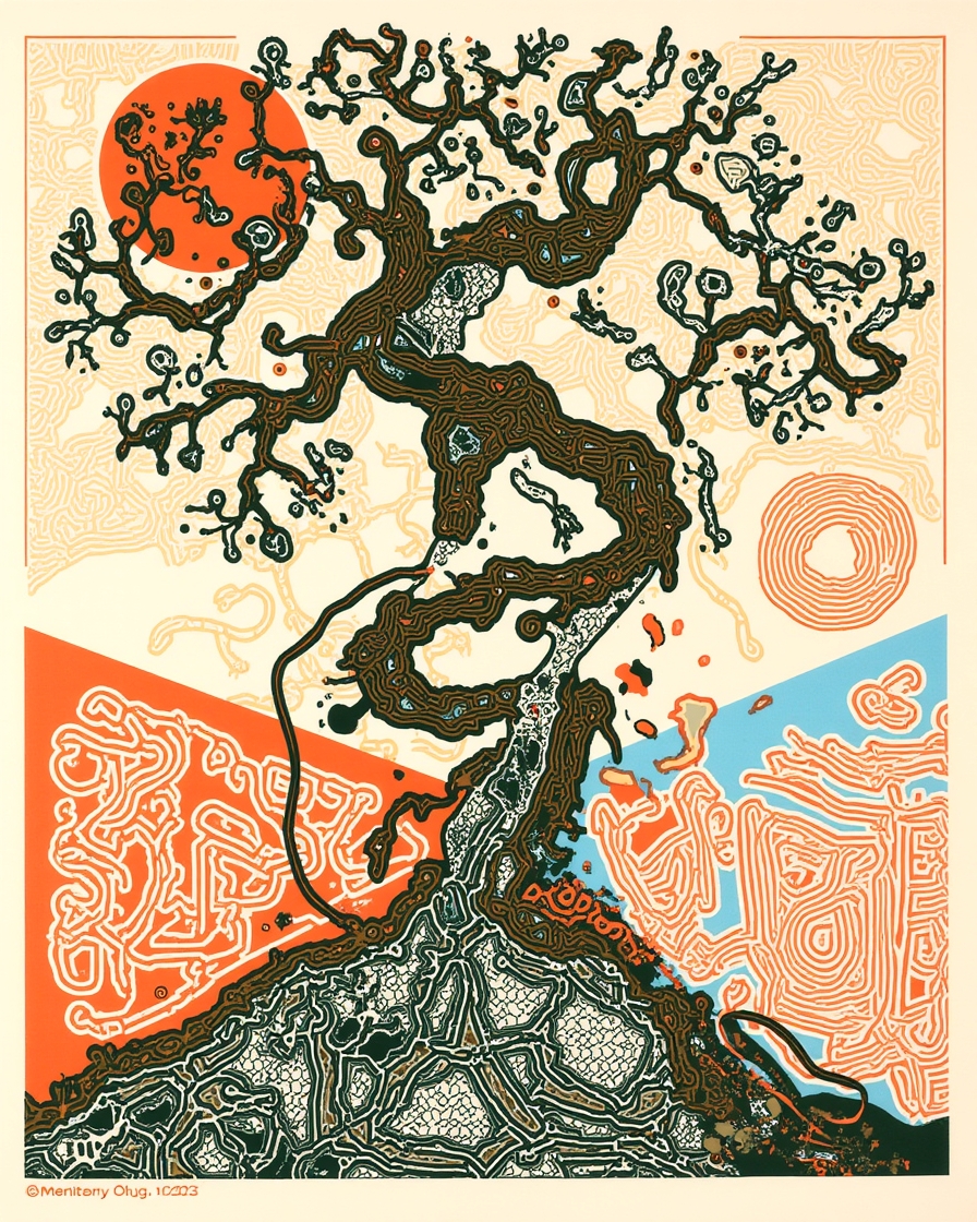 Portrait Dusk Index artwork with a twisting tree and layered organic patterns