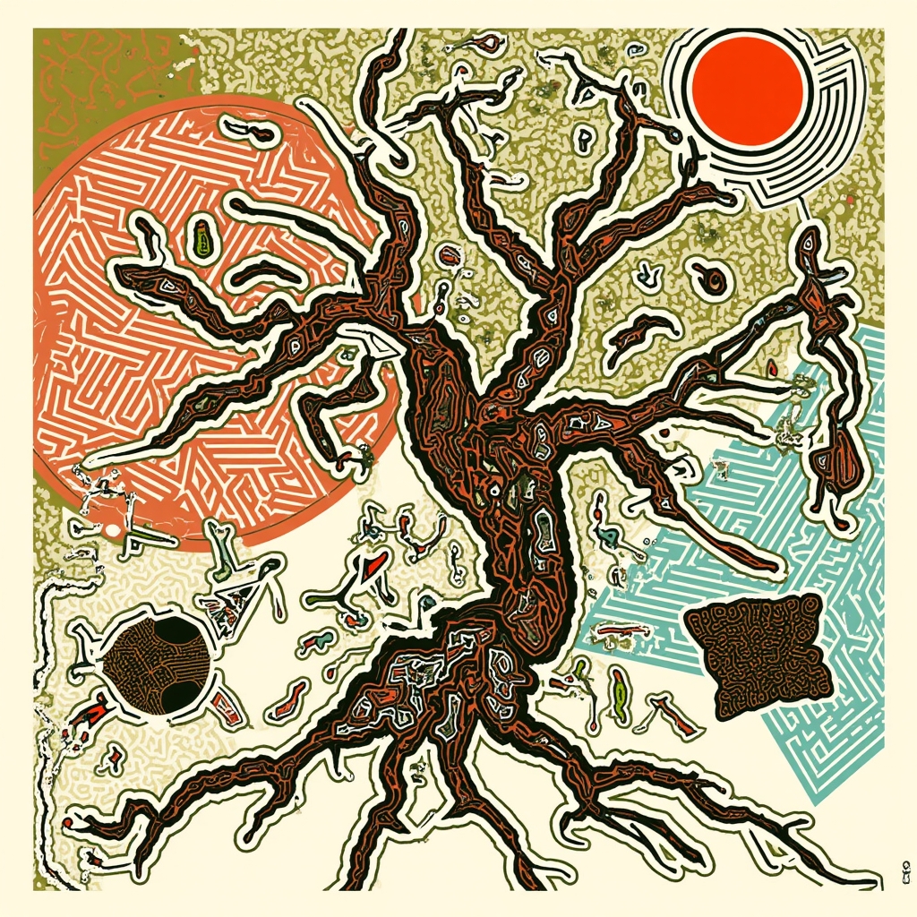 Square Dusk Index artwork with a twisting tree, exposed roots and a red sun