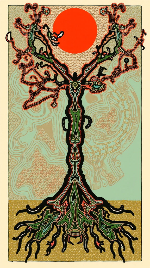 Tall Dusk Index story artwork with a rooted tree reaching toward a red sun