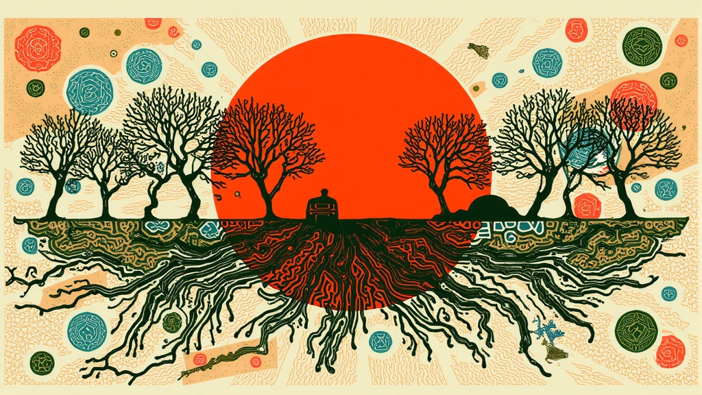 Wide Dusk Index banner with bare trees, roots and a red sun