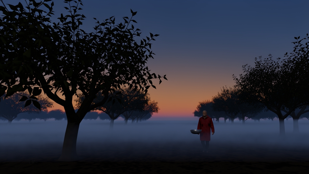 Figure approaching a lone orchard tree at dusk