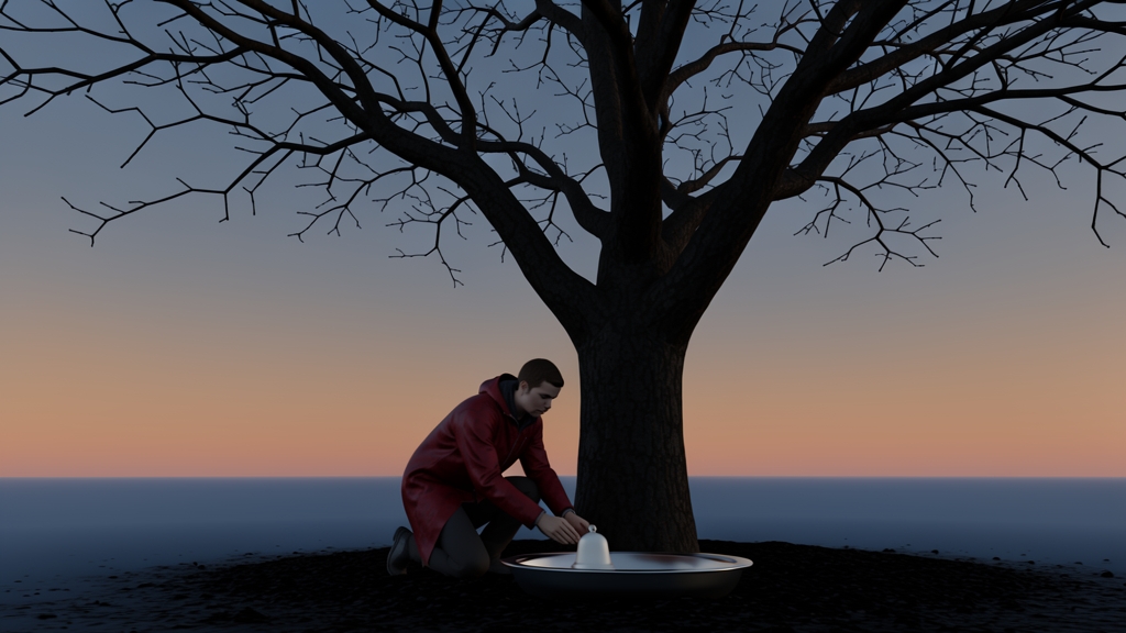 Figure kneeling beside a metal basin under an orchard tree