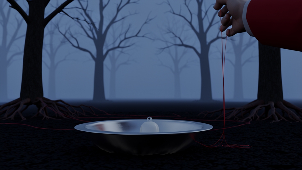 Hand lowering a red cord toward a metal basin in a dark orchard