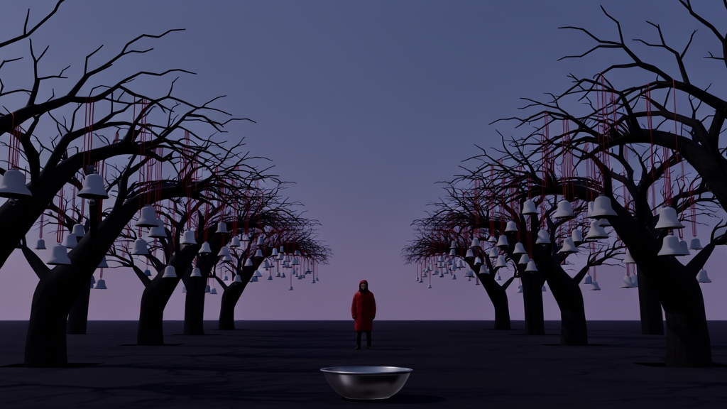 Figure standing among rows of bare orchard trees and a metal basin