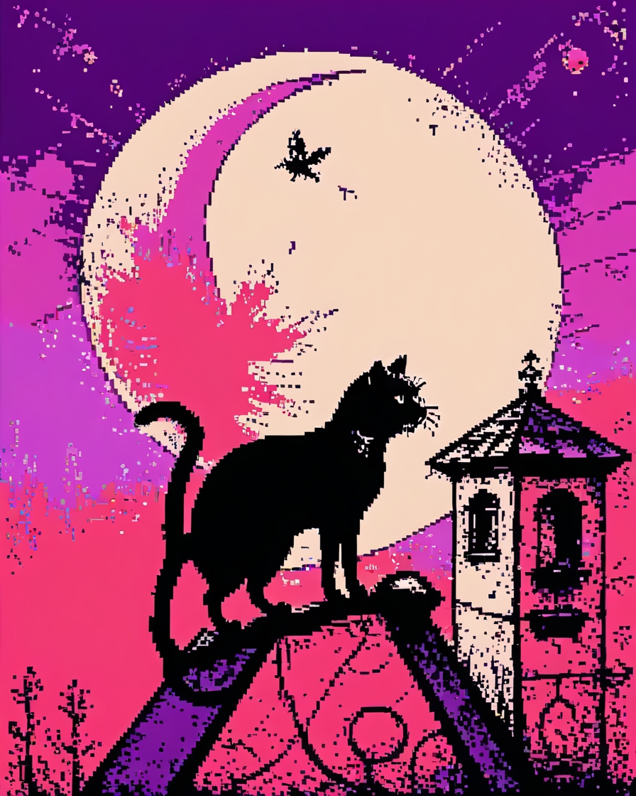 Graphic dusk poster of a black cat walking beneath a full moon