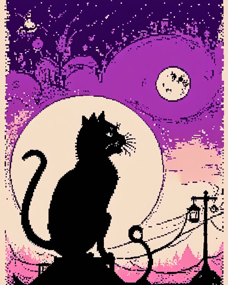 Graphic dusk poster of a black cat on a roof beneath a violet moon