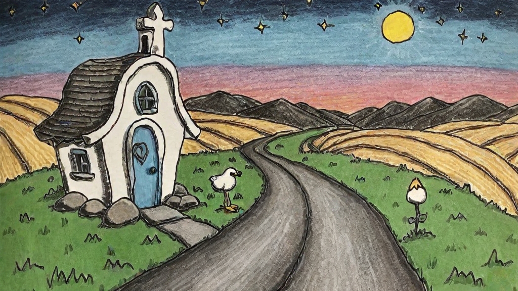 Storybook roadside chapel under a yellow moon