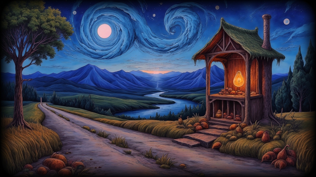 Luminous wooden shrine beside a winding road under a swirling blue sky