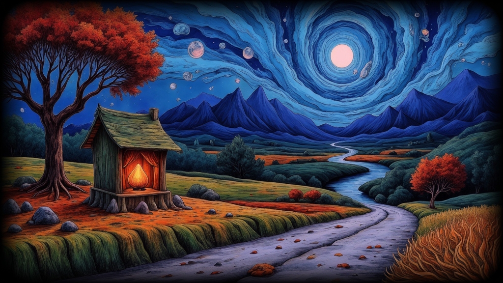 Painted roadside shrine glowing beside a river at blue hour